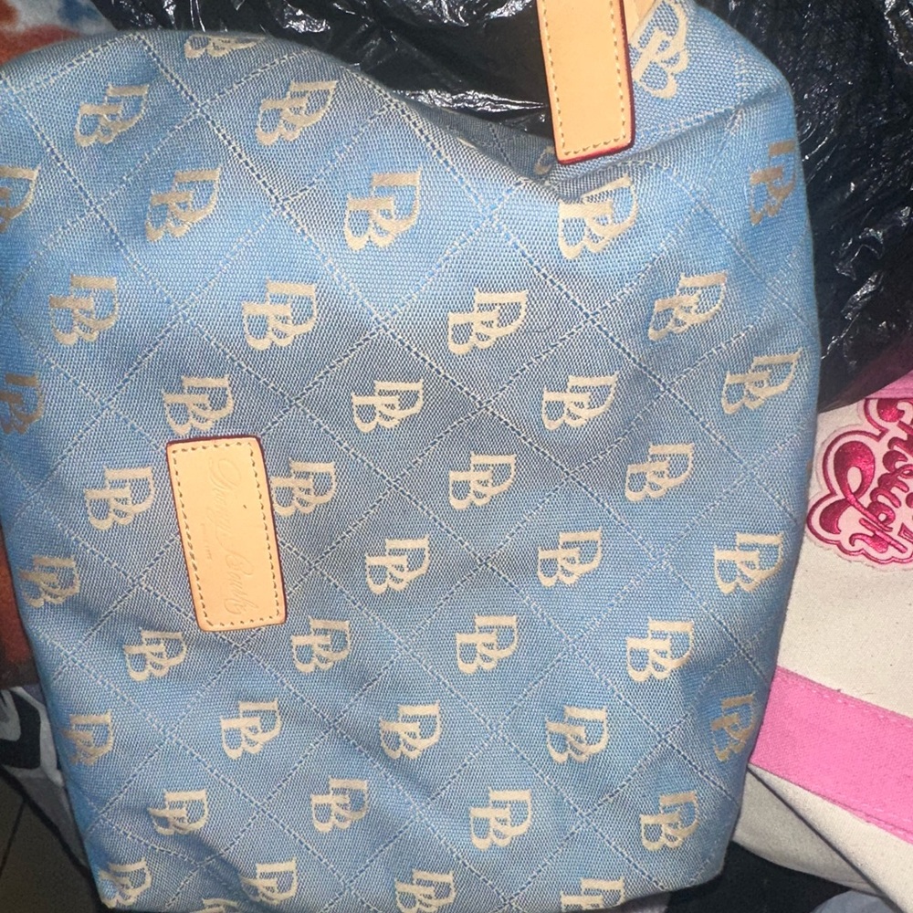 Dooney & Bourke Light Blue Quilted Monogram Shoulder Bag with Tan Accents